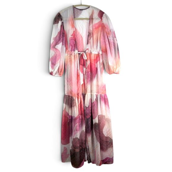 Unbranded Dresses & Skirts - sheer abstract print maxi robe medium swiss dot tiered tie waist balloon sleeve
